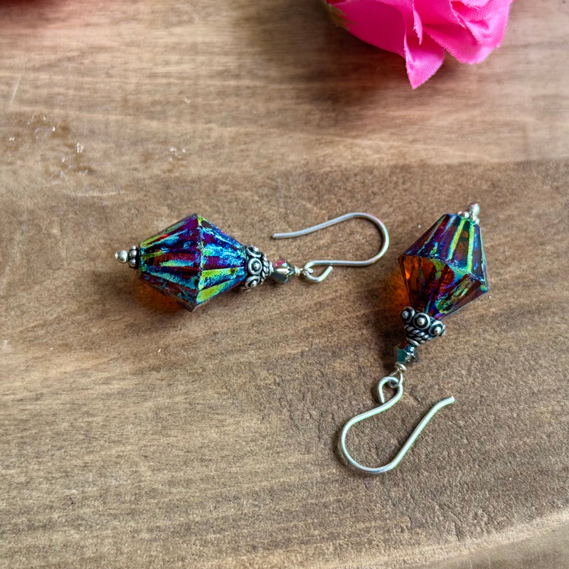 Czech Large Amber Bicone Earrings in Sterling Silver
