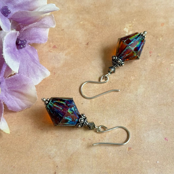 Czech Large Amber Bicone Earrings in Sterling Silver