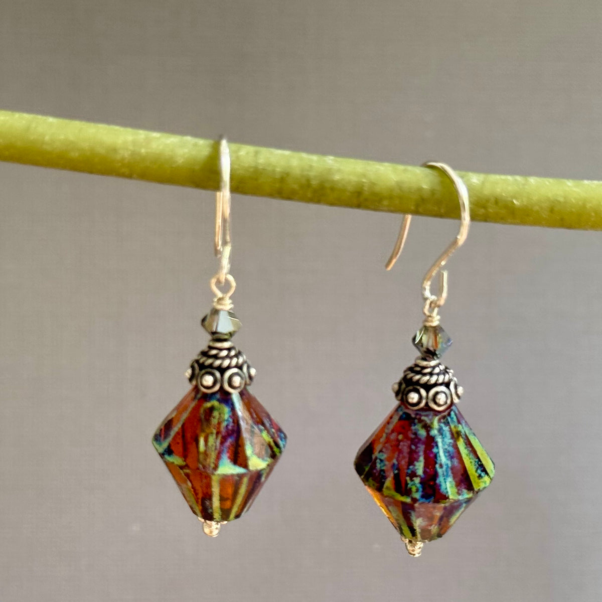 Czech Large Amber Bicone Earrings in Sterling Silver