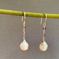 White Baroque Pearl and Pink Topaz Earrings in Sterling Silver