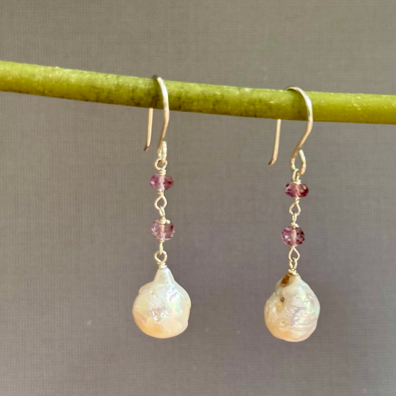 White Baroque Pearl and Pink Topaz Earrings in Sterling Silver