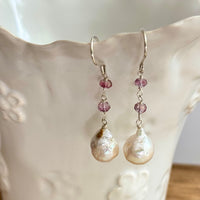 White Baroque Pearl and Pink Topaz Earrings in Sterling Silver