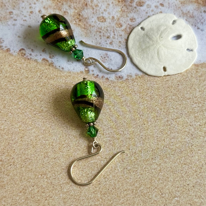 Vintage Green and Gold Lampwork Czech Glass Drop Earrings