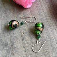 Vintage Green and Gold Lampwork Czech Glass Drop Earrings