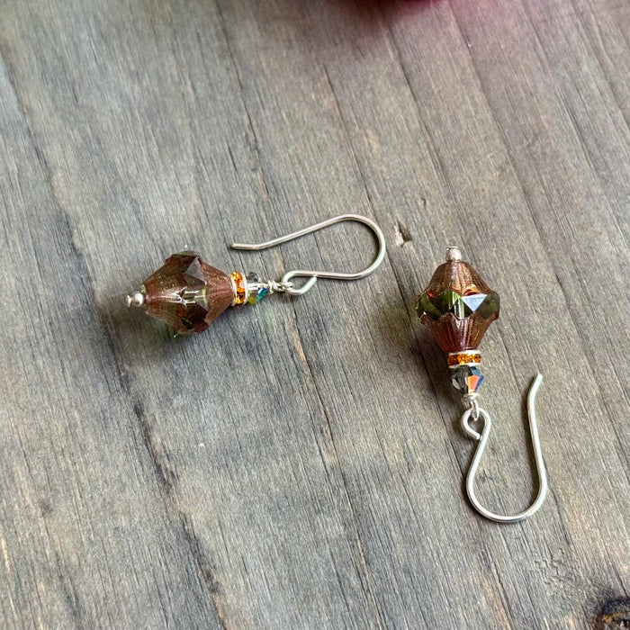 Czech Glass Green and Amber Turbine Earrings in Sterling Silver
