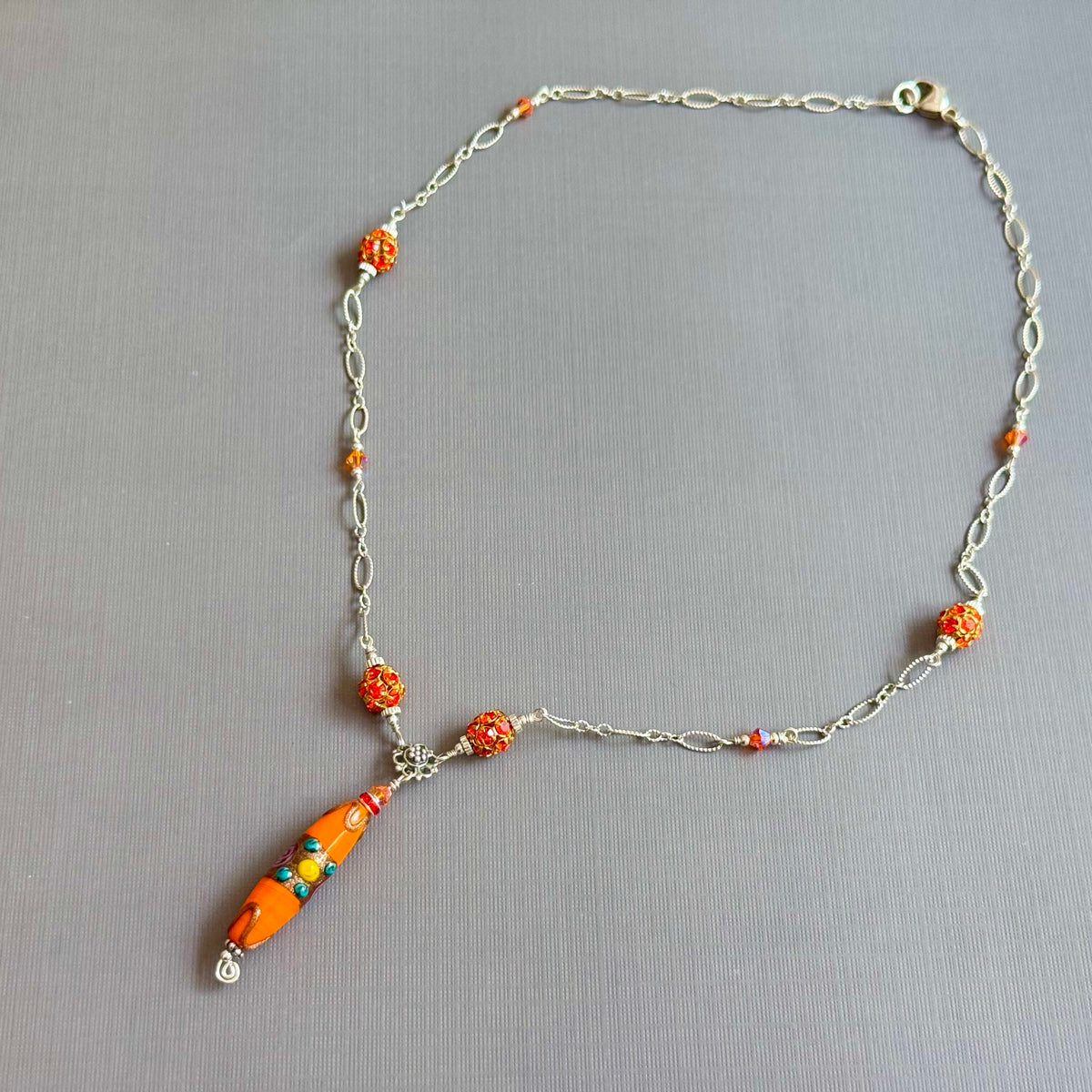 Czech Orange Lampwork Glass Focal Necklace in Sterling Silver