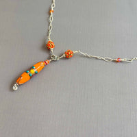 Czech Orange Lampwork Glass Focal Necklace in Sterling Silver