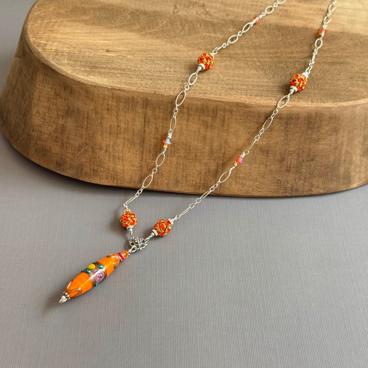 Czech Orange Lampwork Glass Focal Necklace in Sterling Silver