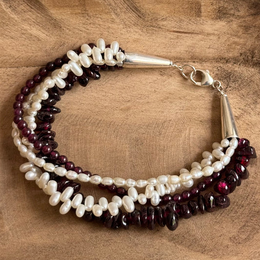 4-Strand Garnet and Freshwater Pearl Bracelet in Sterling Silver