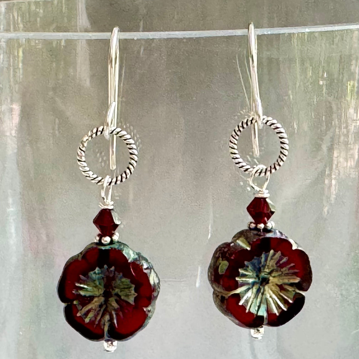 Czech Glass Red Flower Hibiscus Earrings in Sterling Silver