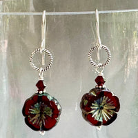 Czech Glass Red Flower Hibiscus Earrings in Sterling Silver
