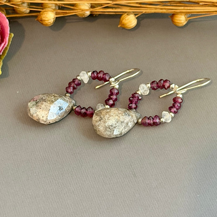 Quartz and Garnet "Hoop" Earrings in Sterling Silver