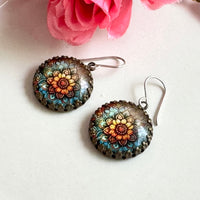Vintage Style Yellow and Blue Pastel Floral Coin Drop Earrings in Sterling Silver