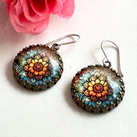 Vintage Style Yellow and Blue Pastel Floral Coin Drop Earrings in Sterling Silver