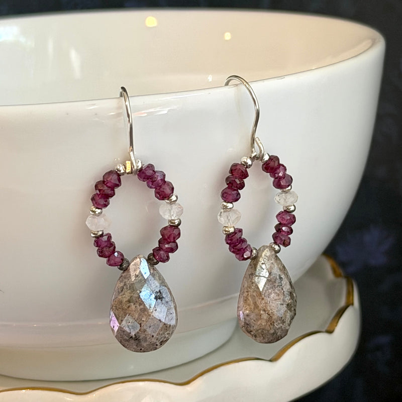 Quartz and Garnet "Hoop" Earrings in Sterling Silver
