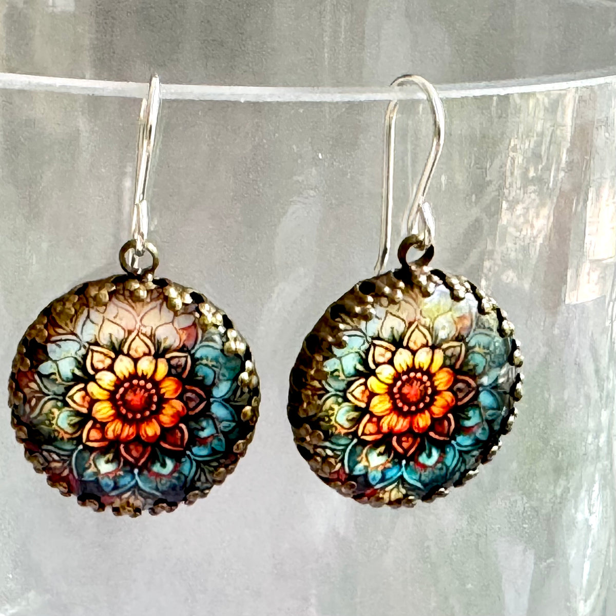 Vintage Style Yellow and Blue Pastel Floral Coin Drop Earrings in Sterling Silver