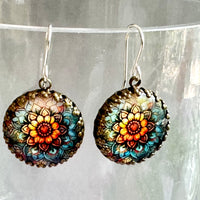 Vintage Style Yellow and Blue Pastel Floral Coin Drop Earrings in Sterling Silver