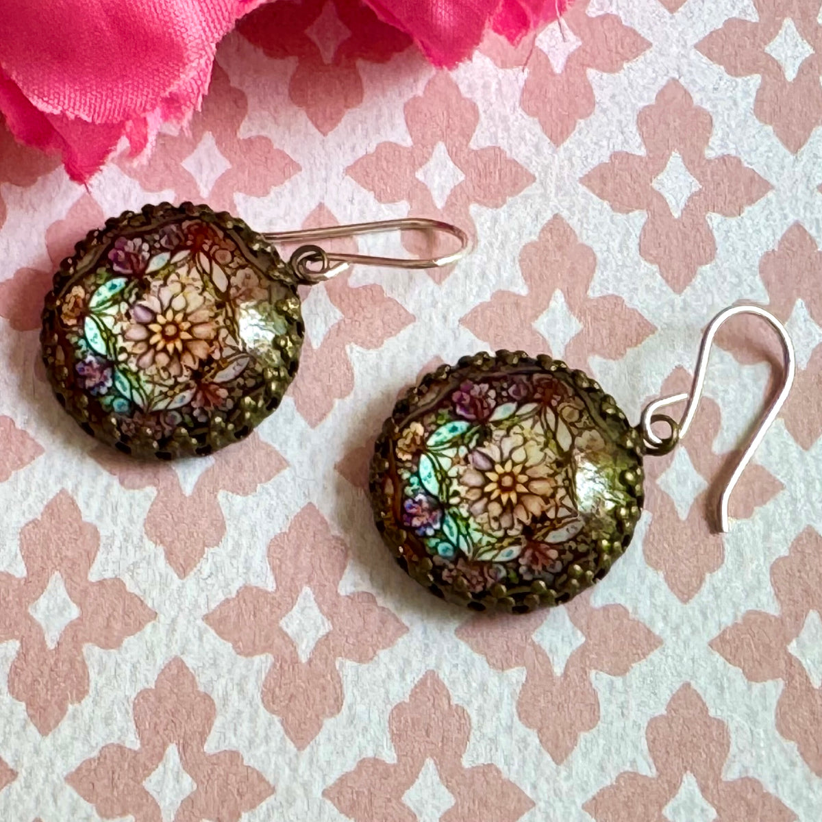 Vintage Style Pink and Blue Floral Cabochon Earrings in Sterling Silver