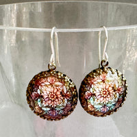 Vintage Style Pink and Blue Floral Cabochon Earrings in Sterling Silver