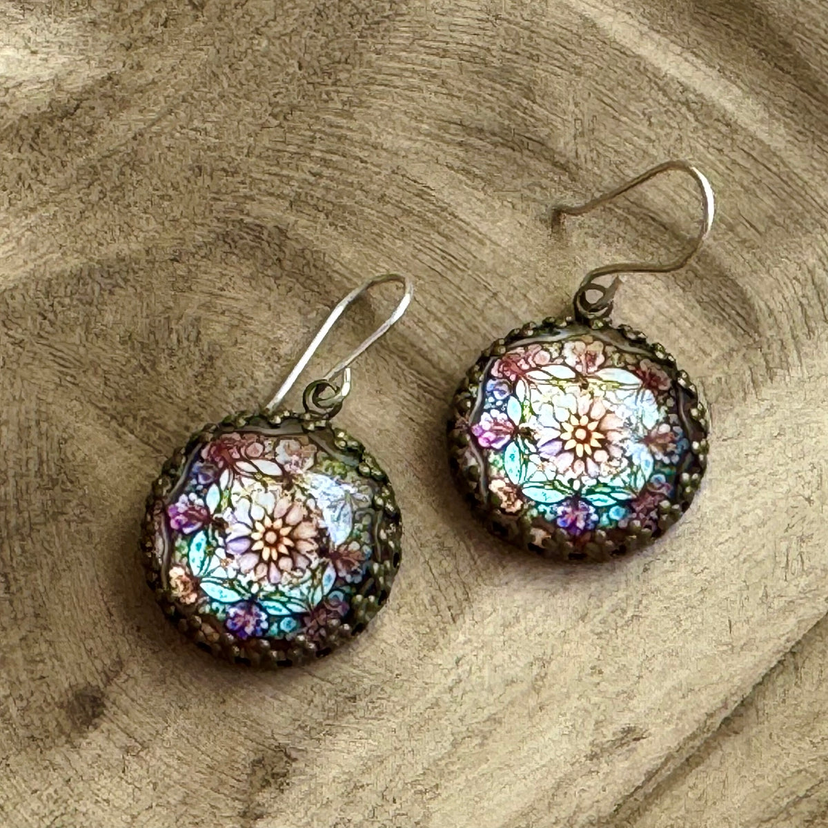 Vintage Style Pink and Blue Floral Cabochon Earrings in Sterling Silver