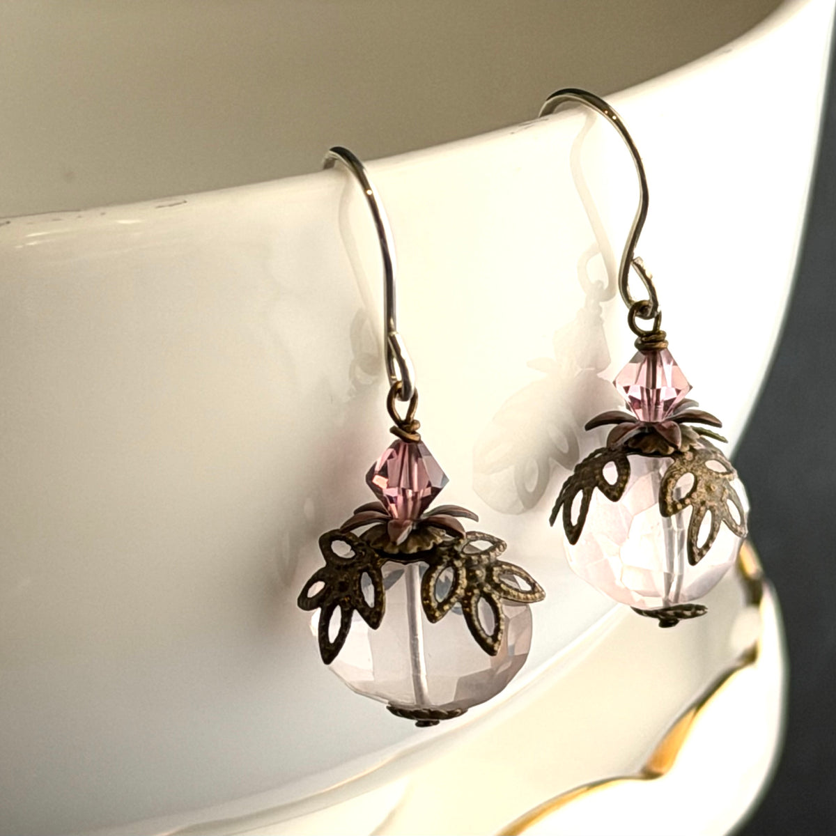 Vintage Rose Quartz Nugget Earrings in Sterling Silver