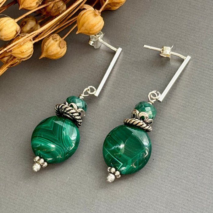 Malachite Drop Earrings in Sterling Silver