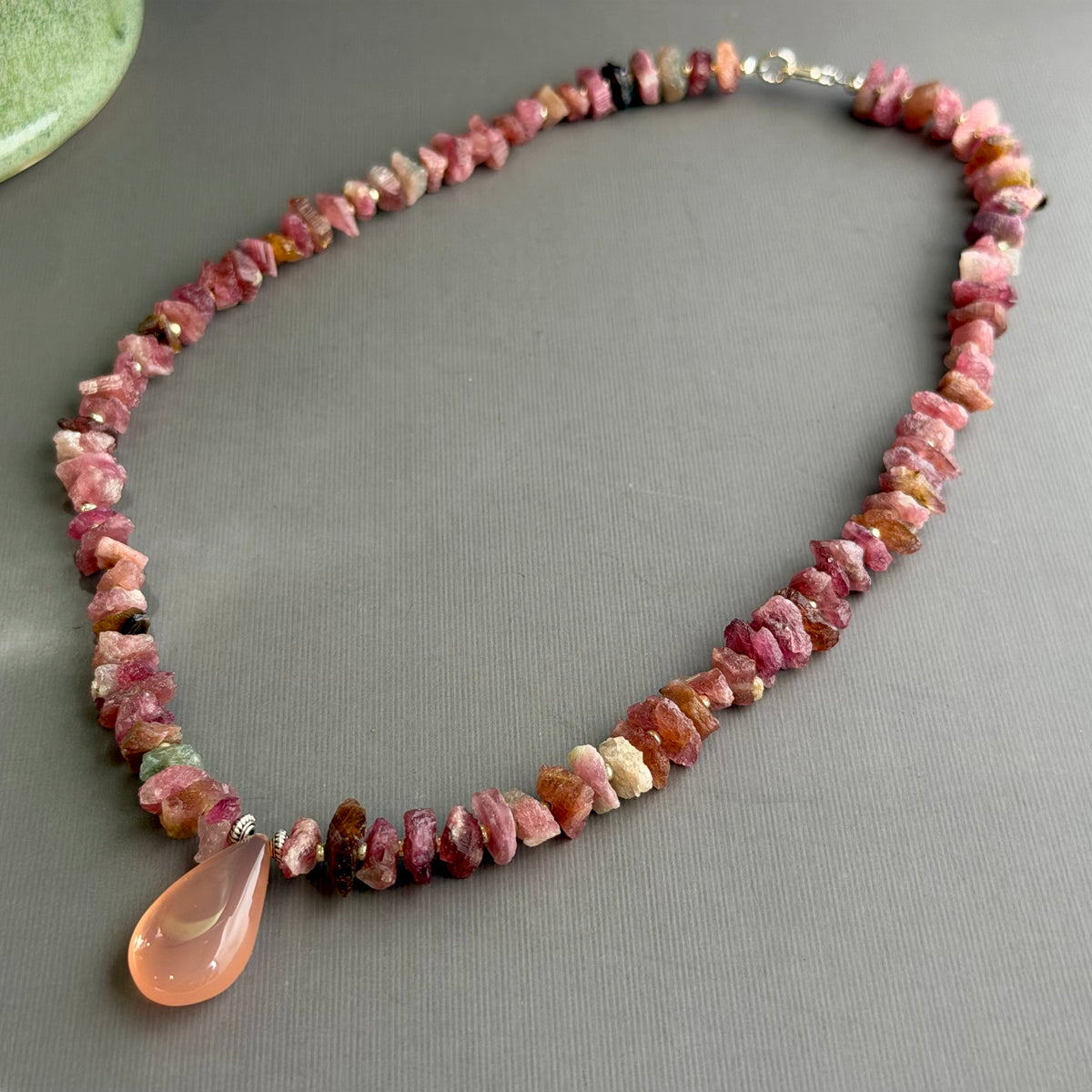 Pink Chalcedony Pendant Necklace with Tourmaline in Sterling Silver