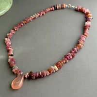 Pink Chalcedony Pendant Necklace with Tourmaline in Sterling Silver