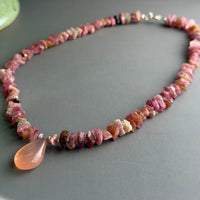 Pink Chalcedony Pendant Necklace with Tourmaline in Sterling Silver