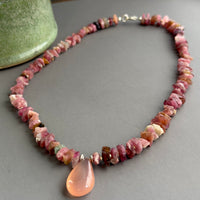 Pink Chalcedony Pendant Necklace with Tourmaline in Sterling Silver