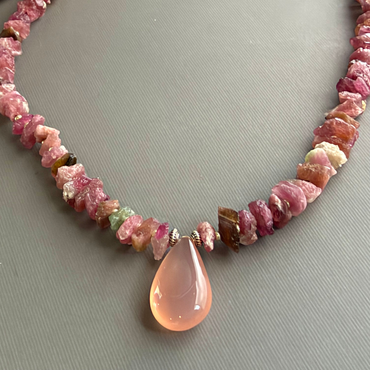 Pink Chalcedony Pendant Necklace with Tourmaline in Sterling Silver