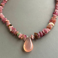 Pink Chalcedony Pendant Necklace with Tourmaline in Sterling Silver