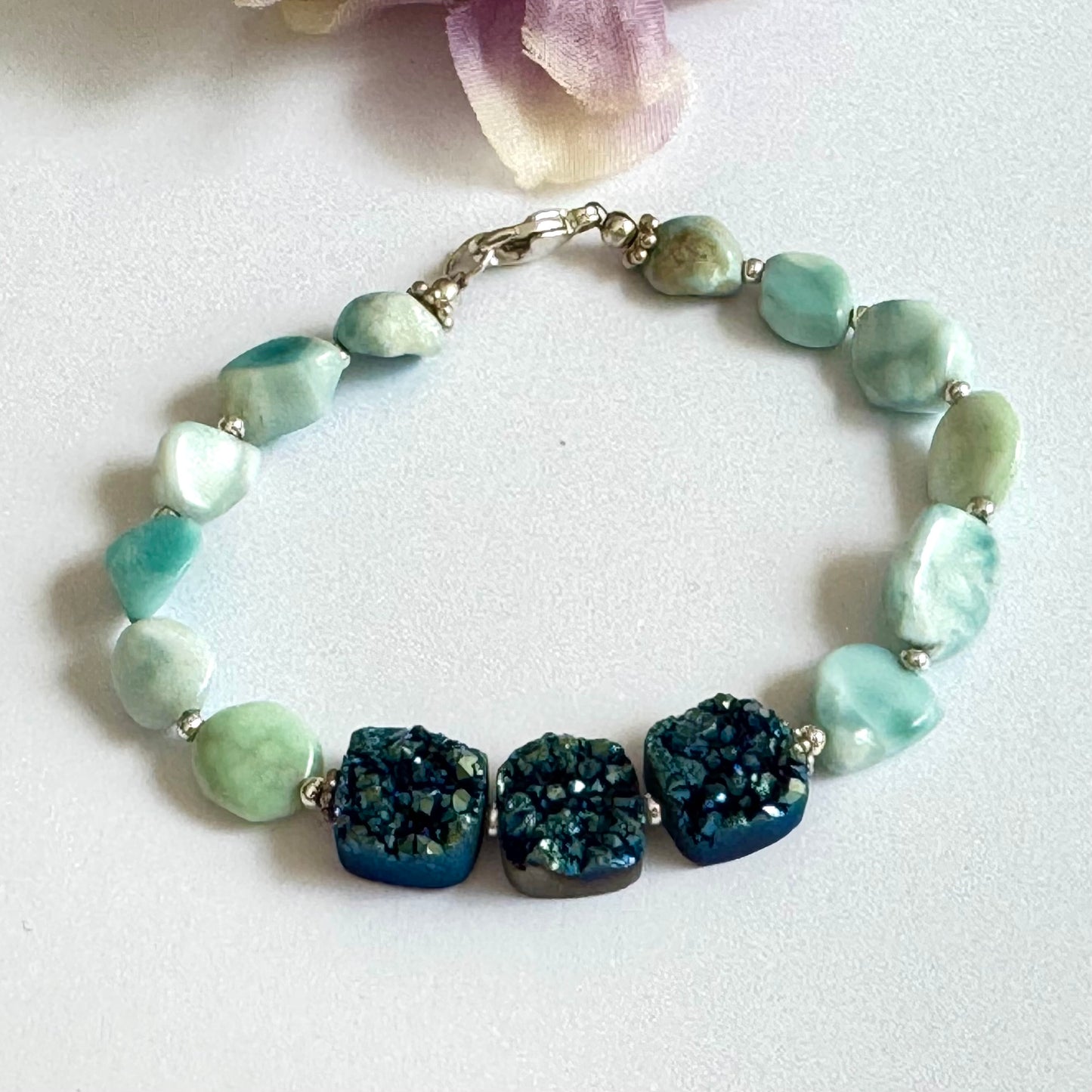 Larimar and Bright Blue Druzy Quartz Bracelet in Sterling Silver