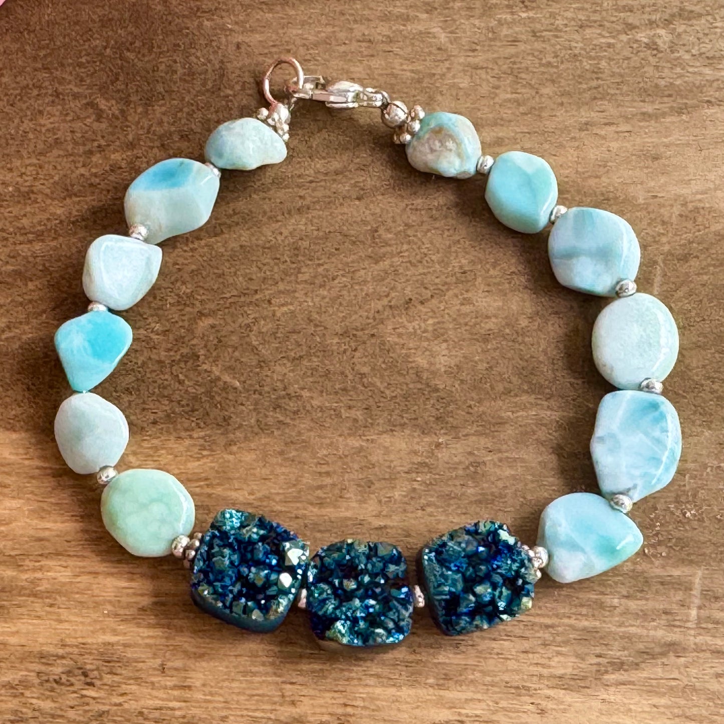 Larimar and Bright Blue Druzy Quartz Bracelet in Sterling Silver