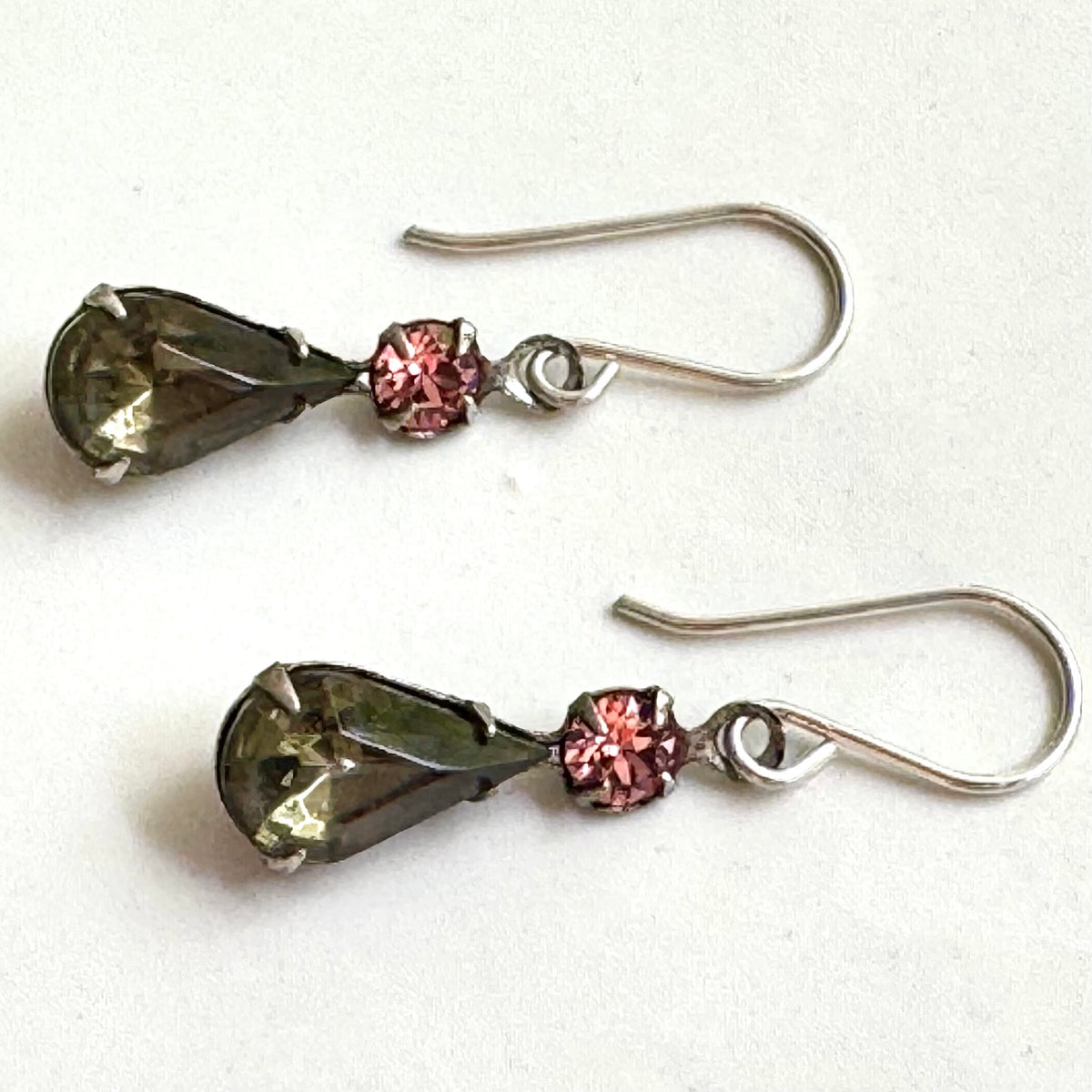 Black Diamond and Rose Peach (Glass) Pear Drop Earrings in Sterling Silver