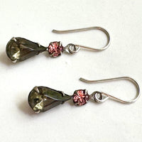 Black Diamond and Rose Peach (Glass) Pear Drop Earrings in Sterling Silver