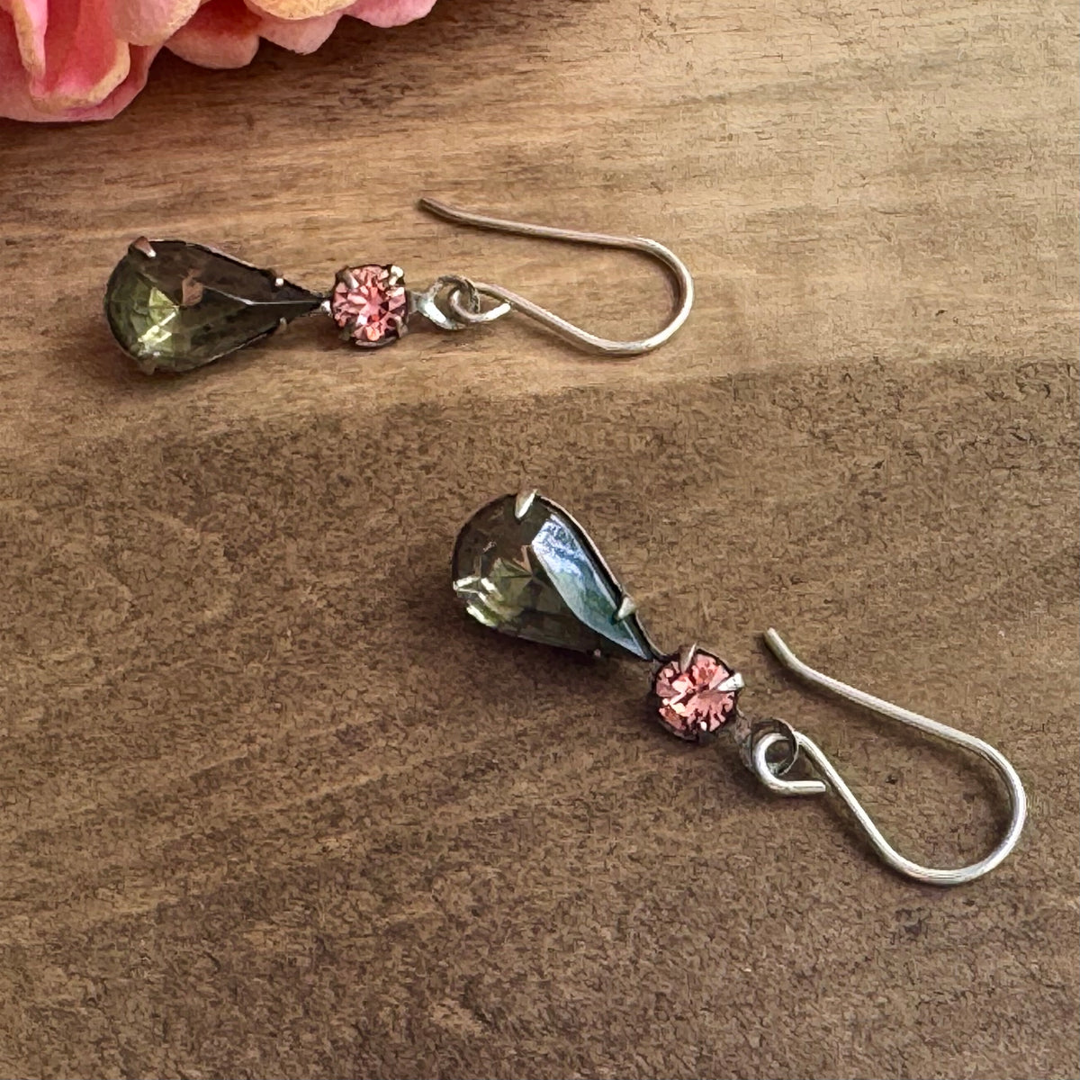 Black Diamond and Rose Peach (Glass) Pear Drop Earrings in Sterling Silver