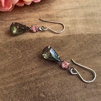 Black Diamond and Rose Peach (Glass) Pear Drop Earrings in Sterling Silver