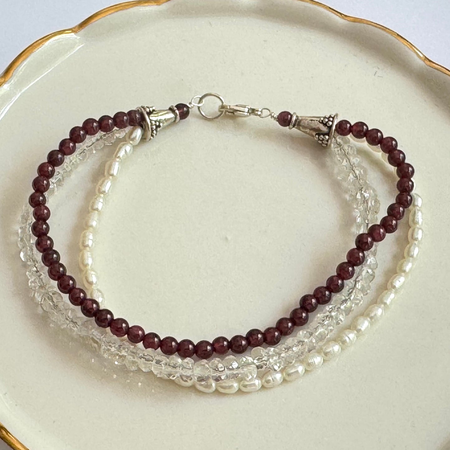 3-Strand Freshwater Pearl and Gemstone Bracelet in Sterling Silver