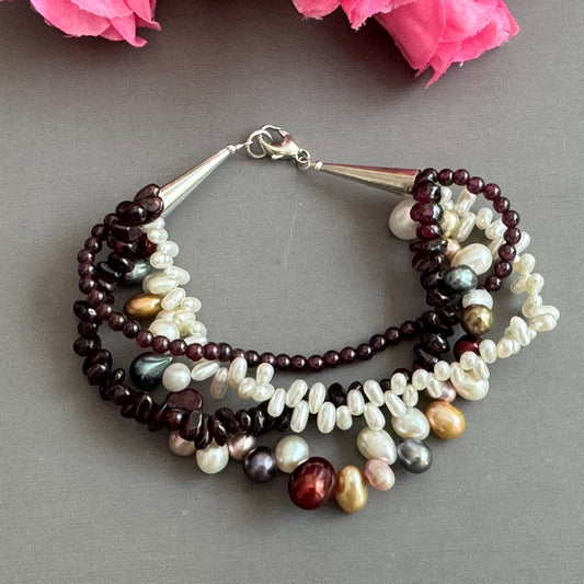 4-Strand Garnet and Freshwater Pearl Bracelet in Sterling Silver