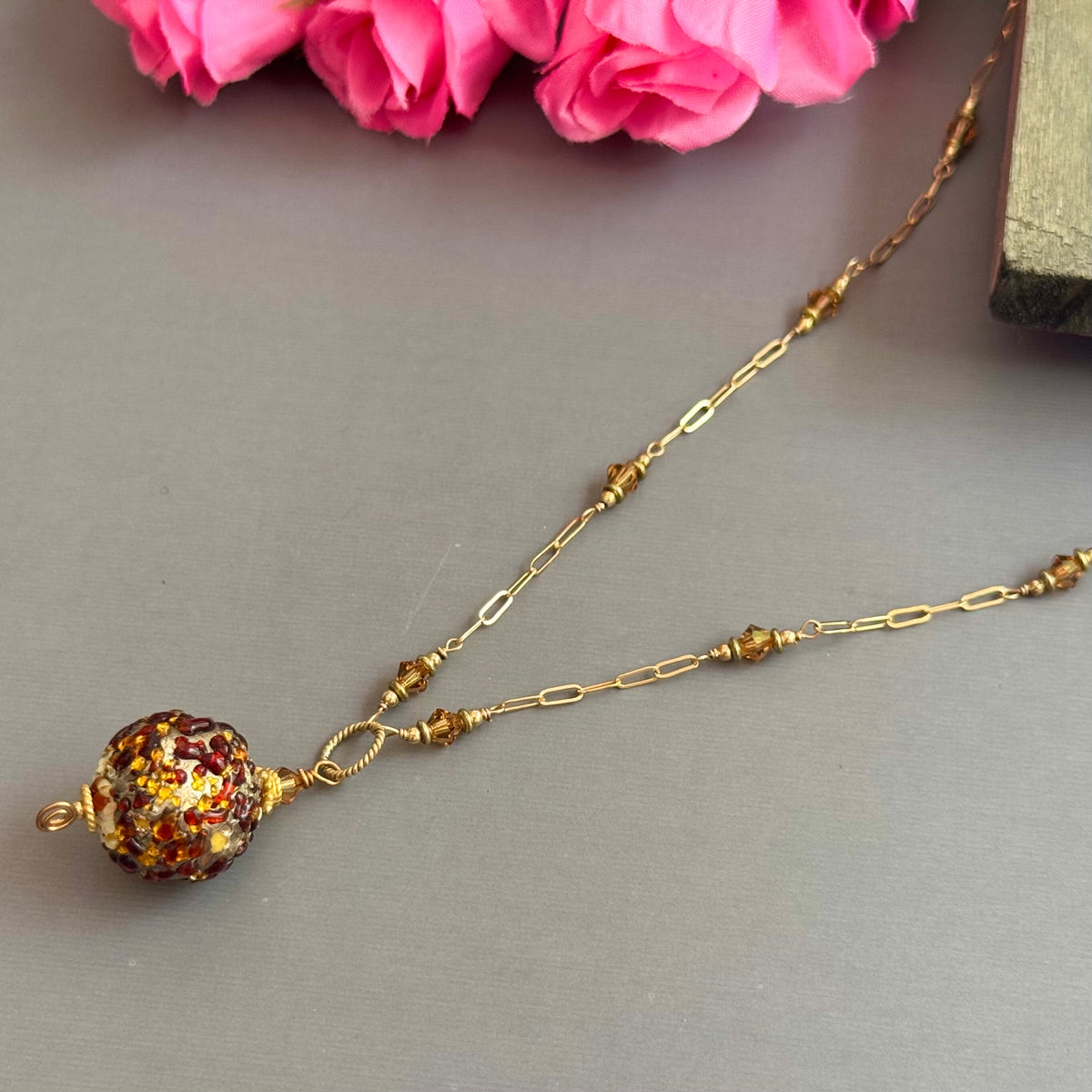 German Round Gold Foil Pendant Necklace in 14K Gold Fill