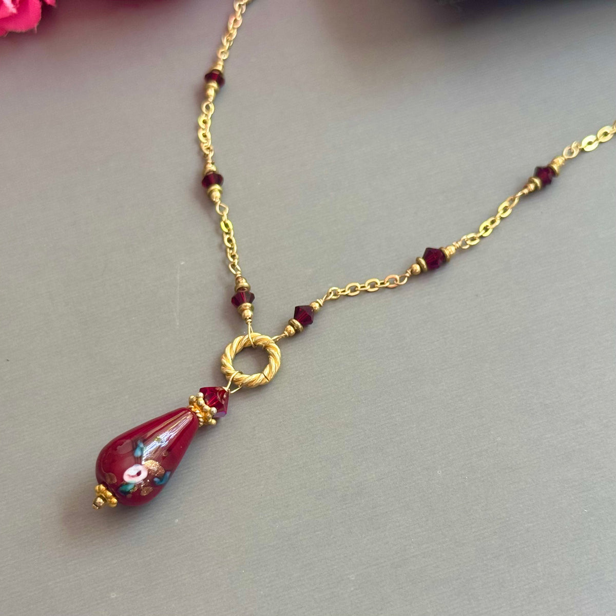 Vintage Czech Glass Lampwork Pendant Necklace in 14K Gold Fill