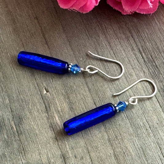 Murano Long Indigo Glass Earrings in Sterling Silver