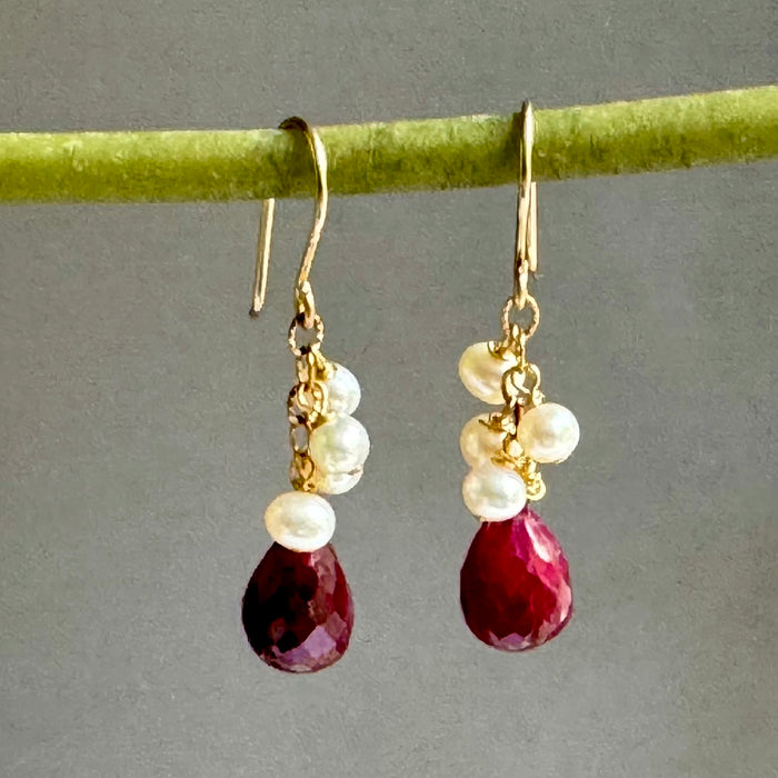 Raw Ruby Briollet and Freshwater Pearl Earrings in 14K Gold Fill