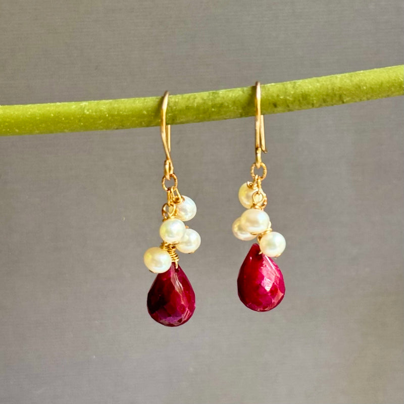 Raw Ruby Briollet and Freshwater Pearl Earrings in 14K Gold Fill