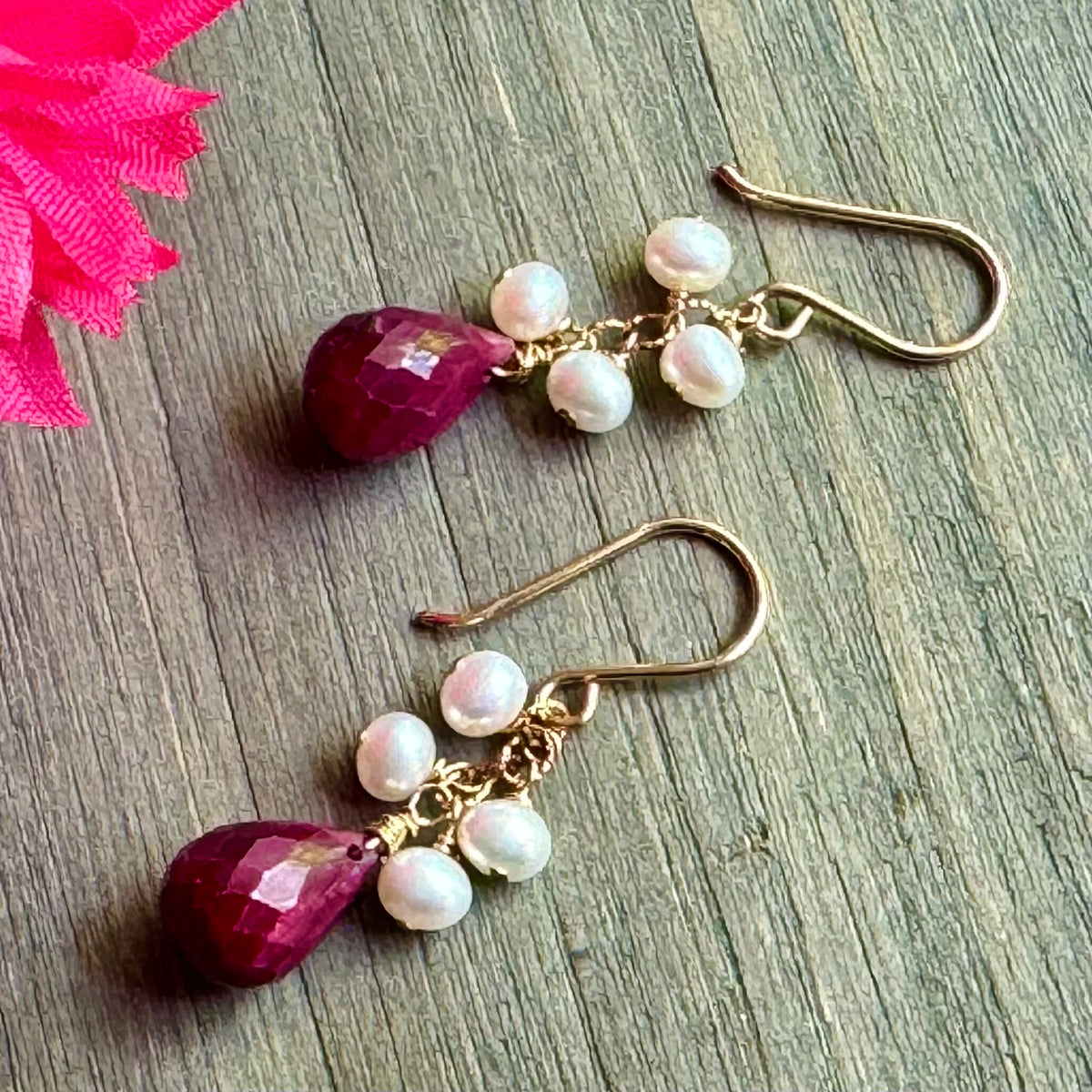 Raw Ruby Briollet and Freshwater Pearl Earrings in 14K Gold Fill