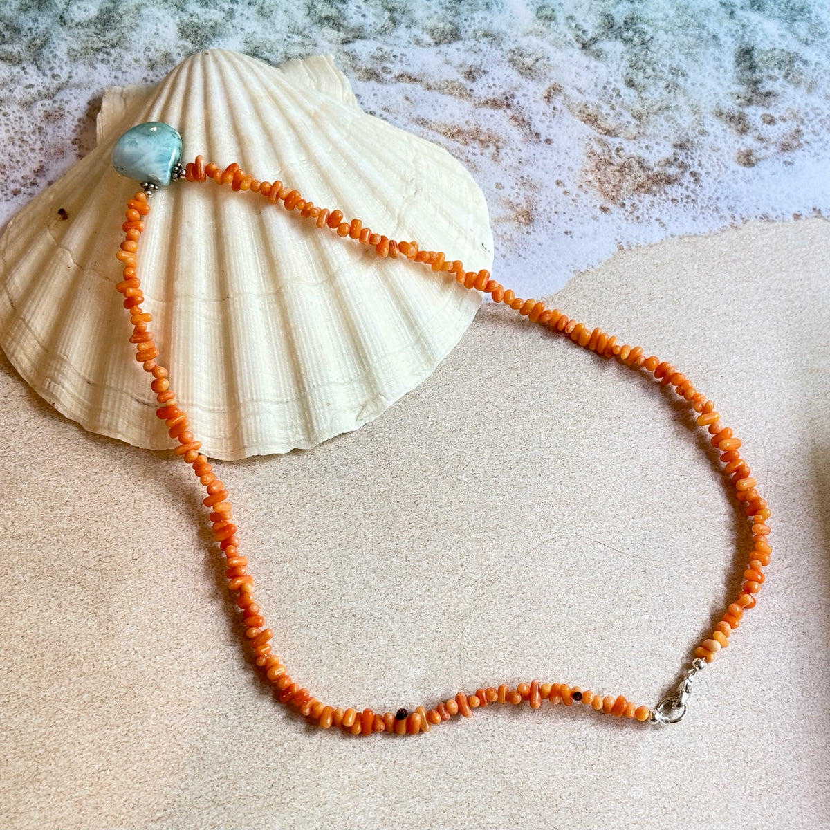 Larimar Pendant and Coral Necklace in Sterling Silver