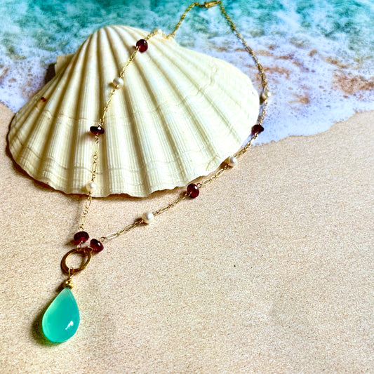 Seafoam Green Chalcedony Long Pendant with Garnet and Pearls in 14K Gold Fill