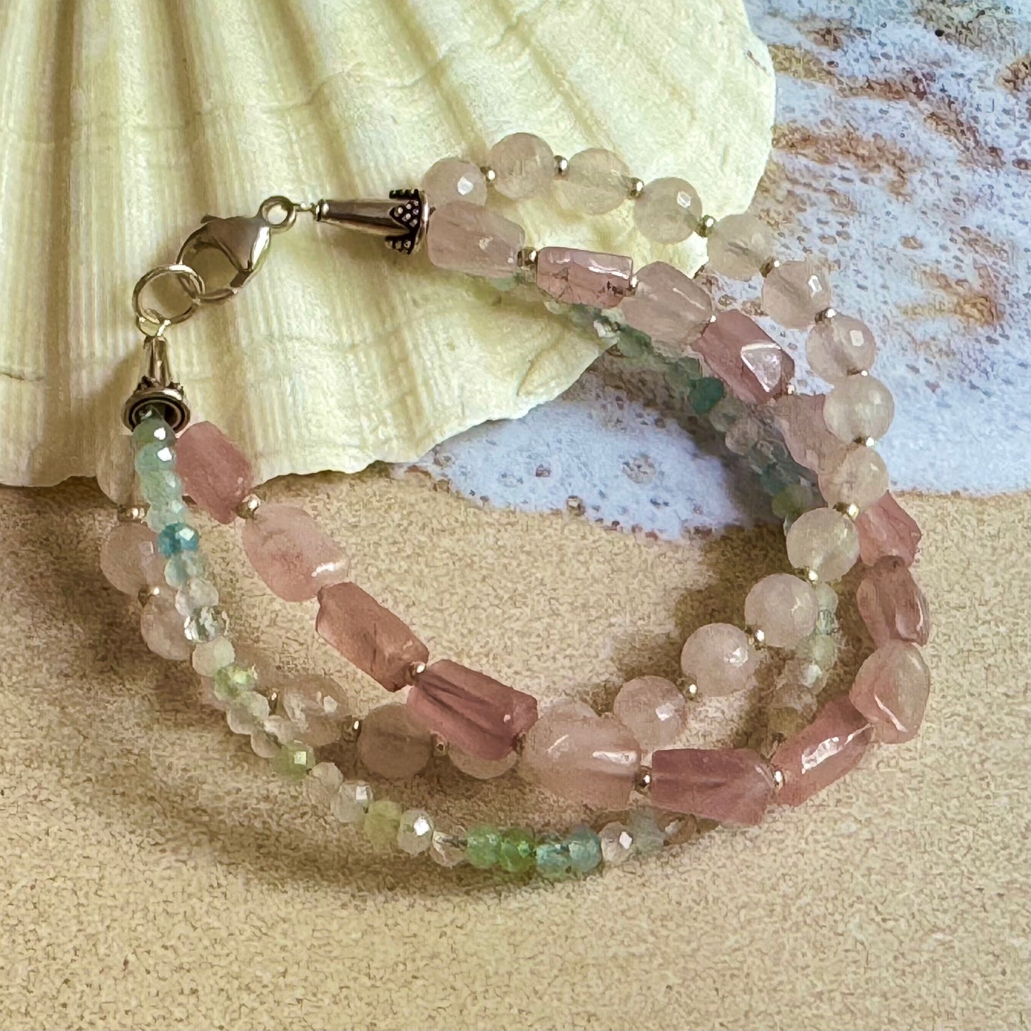 Three Strand Rose Quartz and Morganite Bracelet in Sterling Silver