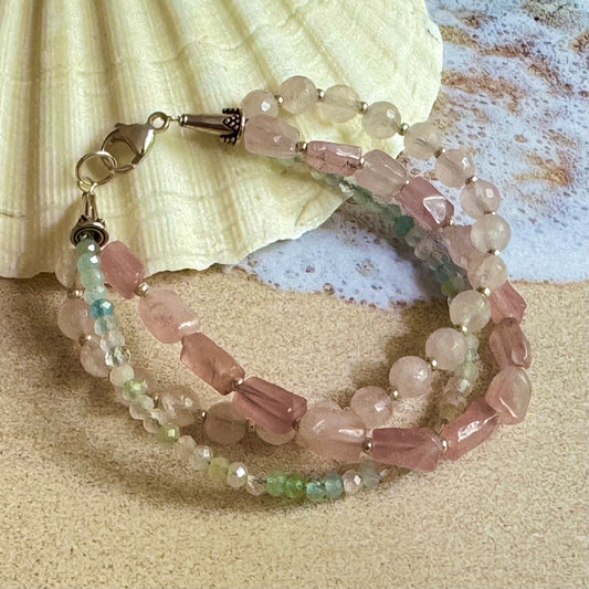 Three Strand Rose Quartz and Morganite Bracelet in Sterling Silver